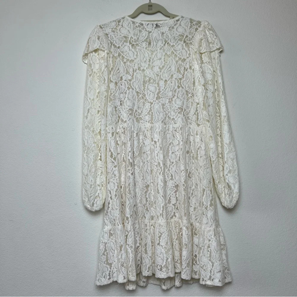 Zara Ivory Floral Lace Mini Dress Balloon Sleeve Ruffle Boho Wedding Guest M - Picture 11 of 16